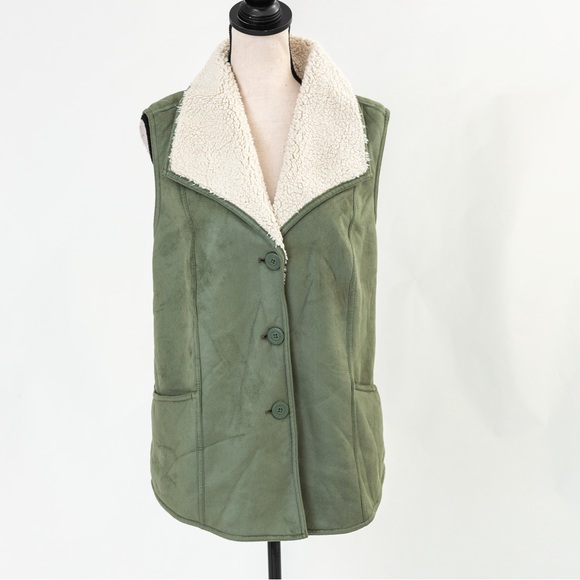 Gorpcore cozy warm faux Suede vest wide collar sherpa lining green Denim & Co XL - Picture 1 of 14